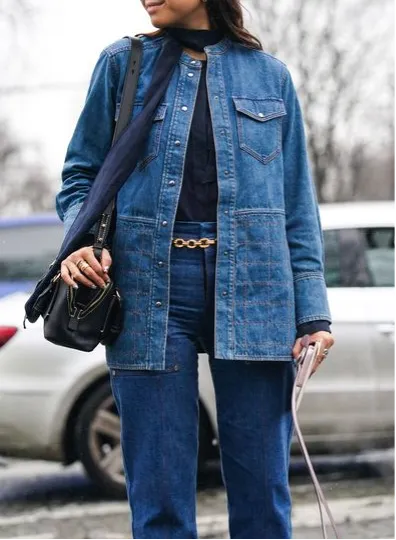 Long denim 2024 jacket outfit