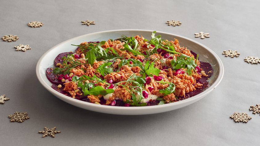 Vegan Style Beetroot and Salmon Style Flakes with Labneh